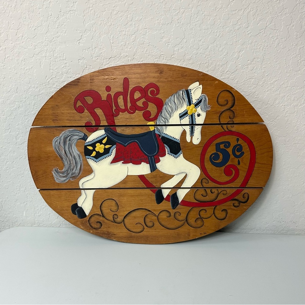 Vintage Unbranded Hand Painted Horse Rides Wooden Wall Hanging Sign 1986